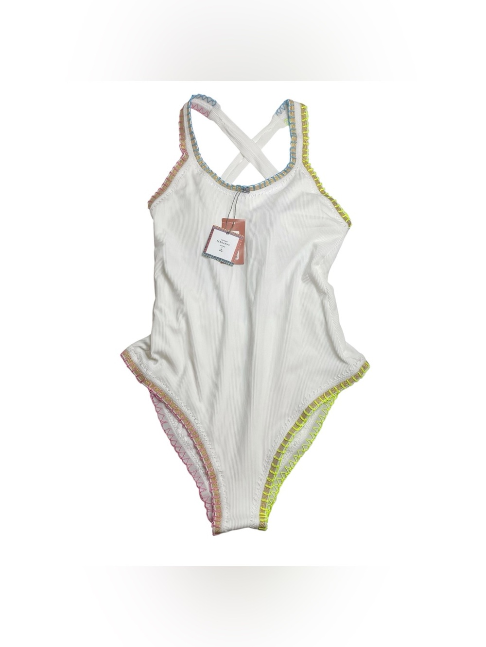 PQ Swim White Ribbed One-Piece with Multicolored Pastel Trim